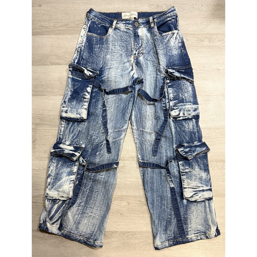 Spoon Jeans Cargo Wide Leg Jeans Women's Size XL Blue Hipster Baggy Skater Y2K